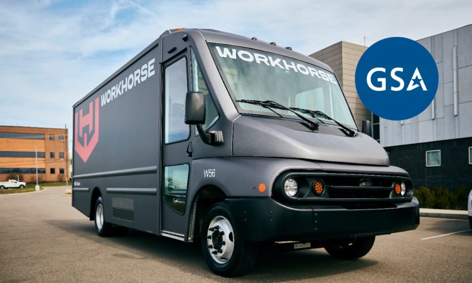 A dark gray Workhorse step van is shown.