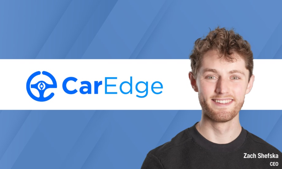 Headshot of Zach Shefska, CEO of CarEdge, alongside the CarEdge logo on a blue background.