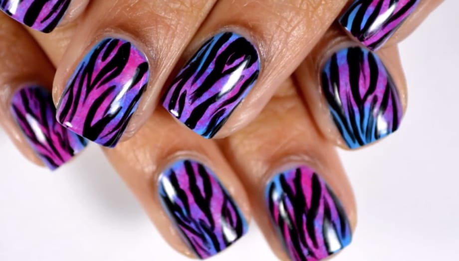 Zebra Print Nails Over Pink/Blue Sponging