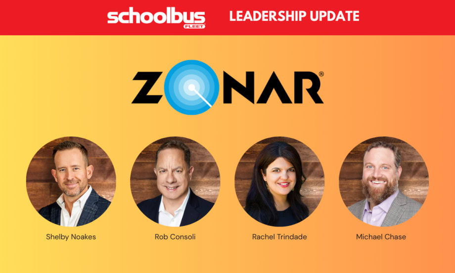 Headshots of Shelby Noakes, Rob Consoli, Rachel Trindade, and Michael Chase featured in a Zonar leadership update graphic from School Bus Fleet.
