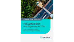 Cover image for the “5th Annual Market Pulse Report” by Element titled “Navigating fleet management in 2026: Data and insights shaping the future of fleet and mobility.” The design features an aerial view of a cable-stayed bridge with vehicles traveling on a highway beside a dense green forest. A teal graphic panel overlays the lower portion of the image, with the Element logo and tagline “Intelligence in motion” at the bottom.