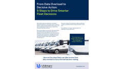 Promotional graphic for a fleet management whitepaper titled “From Data Overload to Decisive Action: 5 Steps to Drive Smarter Fleet Decisions.” The design features a row of white commercial fleet vans, blue and lime-green branding, and supporting text about using telematics data to improve fleet performance, driver behavior, safety, and operational decision-making. A highlighted quote reads, “The challenge is no longer collecting data. The challenge is using it effectively.” The Utilimarc logo appears at the bottom alongside the website URL.