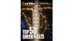 Cover of the "Top 50 Green Fleets" report presented by Automotive Fleet and Inspiration Fleet, featuring an aerial nighttime photo of a lit highway interchange with looping ramps.