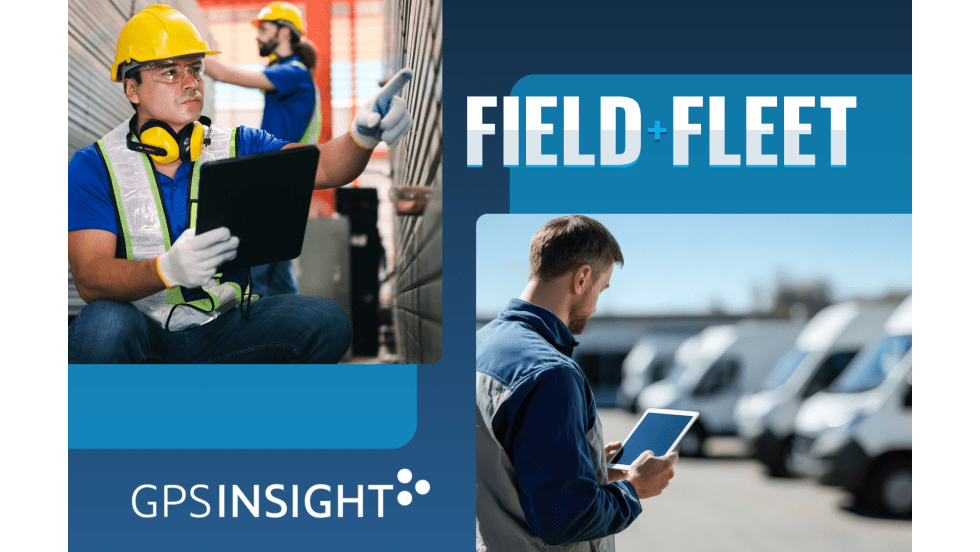 2 techs working on tablets with text overlay of Field+Fleet and GPS Insight