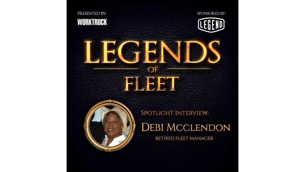 Square promotional graphic for Legends of Fleet featuring retired fleet manager Debi McClendon, with gold “Legends of Fleet” lettering, Work Truck and Legend logos, and a framed portrait on a dark textured background.