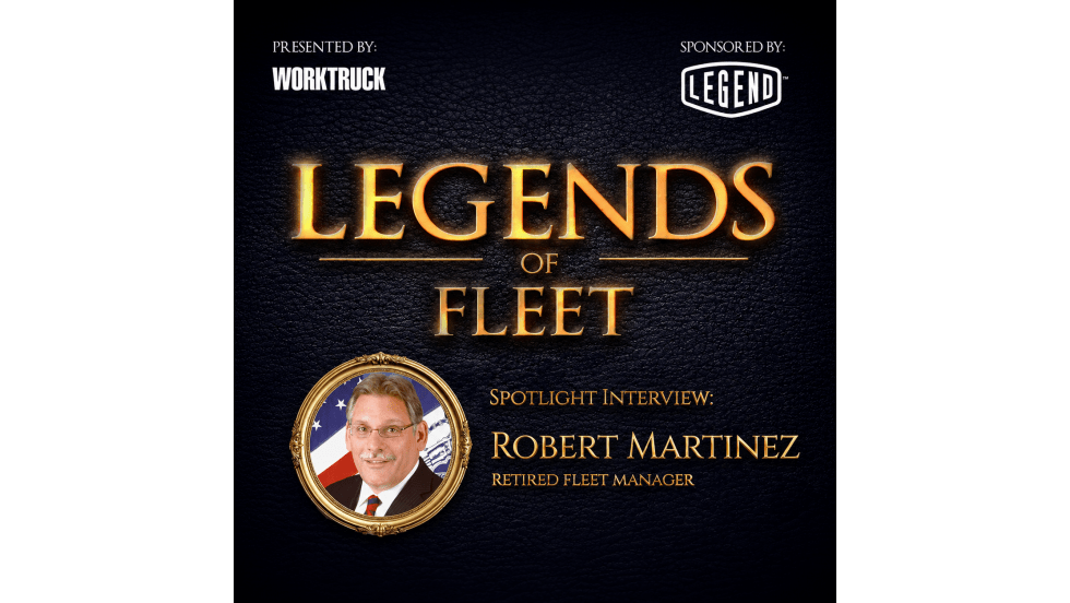 Square promotional graphic for Legends of Fleet featuring a spotlight interview with retired fleet manager Robert Martinez, with gold lettering, Work Truck and Legend logos, and a framed portrait on a dark textured background