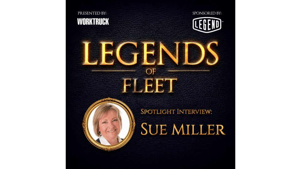 Square promotional graphic for Legends of Fleet featuring a spotlight interview with Sue Miller, with gold “Legends of Fleet” lettering, Work Truck and Legend logos, and a framed portrait on a dark textured background.