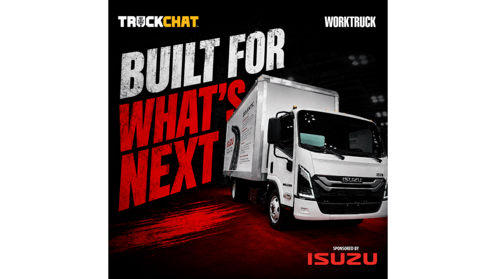 A white next-generation Isuzu medium-duty box truck is featured in a dramatic trade show thumbnail with bold red and white text reading “Built for What’s Next” alongside TruckChat and Work Truck branding.
