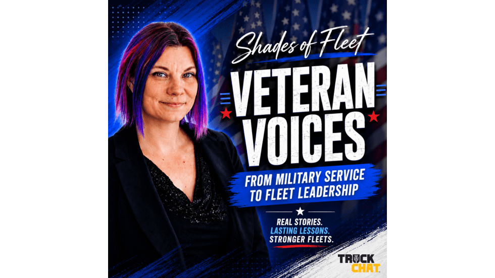 Square promotional graphic for Shades of Fleet featuring host Lauren Fletcher against an American flag background. Bold text reads "Veteran Voices" and "From Military Service to Fleet Leadership." The image promotes a conversation with fleet professionals about military experience, leadership, teamwork, and transitioning into civilian fleet careers.