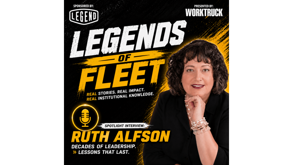 Square podcast cover for Legends of Fleet featuring a professional portrait of fleet industry leader Ruth Alfson on a black and gold background. The cover includes the title "Legends of Fleet," sponsor and Work Truck logos, a microphone icon, and text identifying the episode as a spotlight interview focused on leadership lessons and decades of fleet experience.