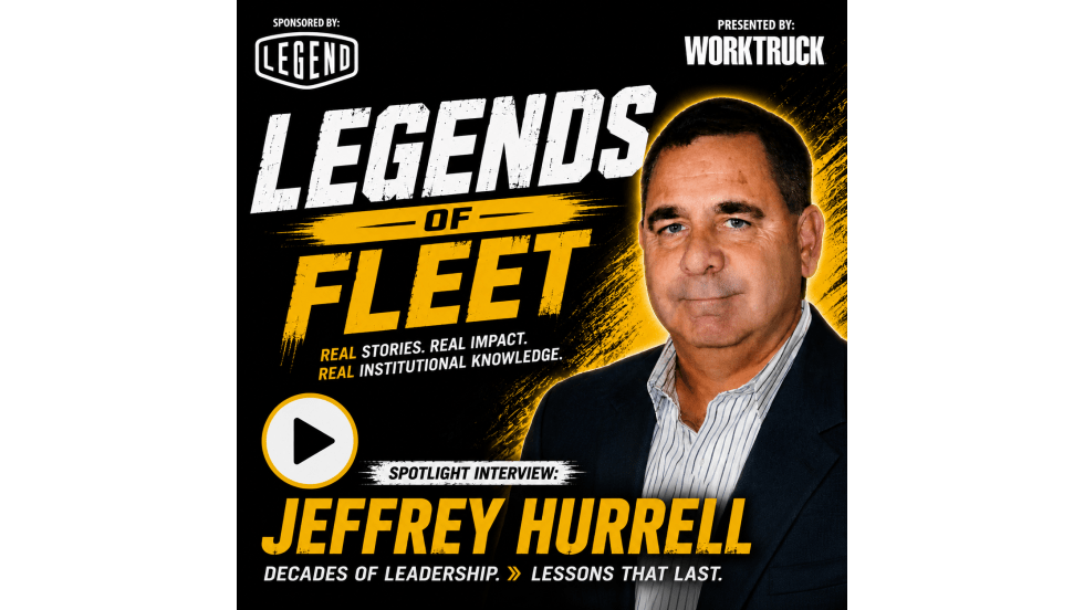 Square podcast cover for Legends of Fleet featuring a professional portrait of fleet industry leader Jeffrey Hurrell on a black and gold background. The cover includes the title "Legends of Fleet," sponsor and Work Truck logos, a play button icon, and text identifying the episode as a spotlight interview about leadership, institutional knowledge, and lasting lessons from a career in fleet management.