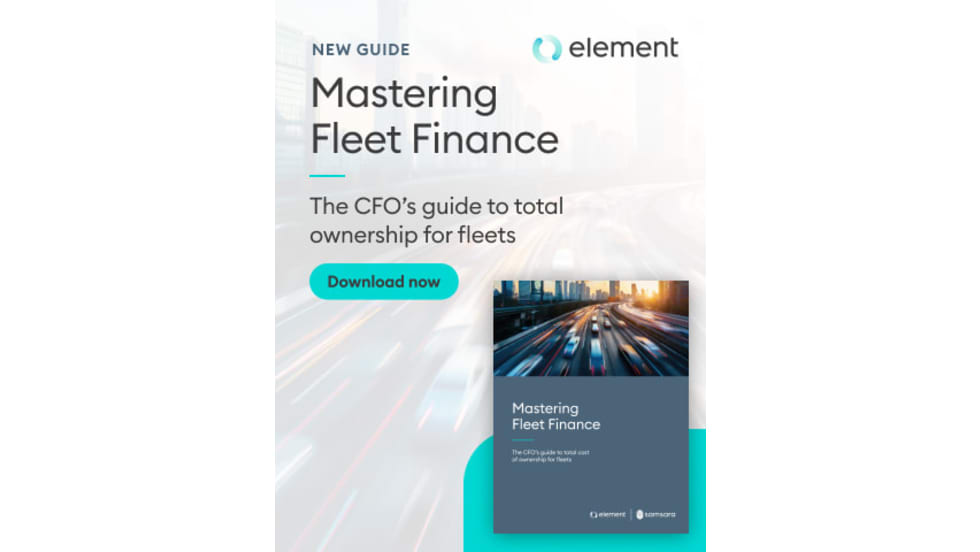 Promotional graphic for Element’s guide, Mastering Fleet Finance: The CFO’s Guide to Total Cost of Ownership for Fleets. The image features a blurred city and roadway background with light trails, the Element logo, a “Download now” button, and a preview of the guide cover showing a busy highway scene.