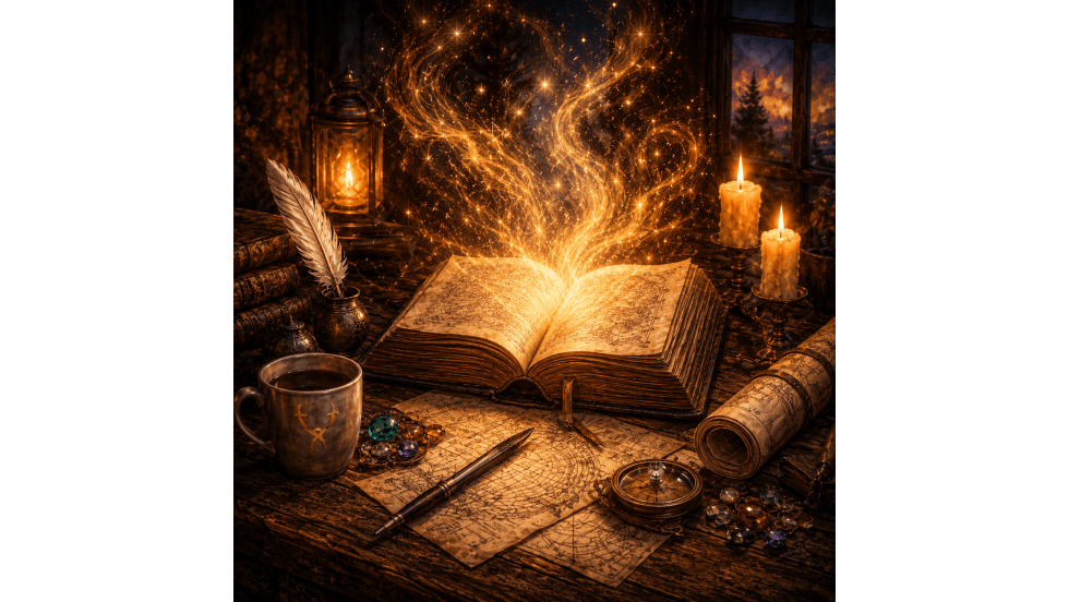 Square fantasy illustration of an open glowing spellbook on a wooden desk surrounded by candles, maps, gemstones, a feather quill, and magical golden light swirling upward in a cozy candlelit study.