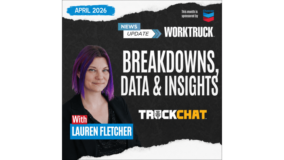 Square promotional graphic for Work Truck TruckChat’s April 2026 News Update featuring Lauren Fletcher alongside bold text reading “Breakdowns, Data & Insights,” with Chevron sponsorship branding and a dark textured background.