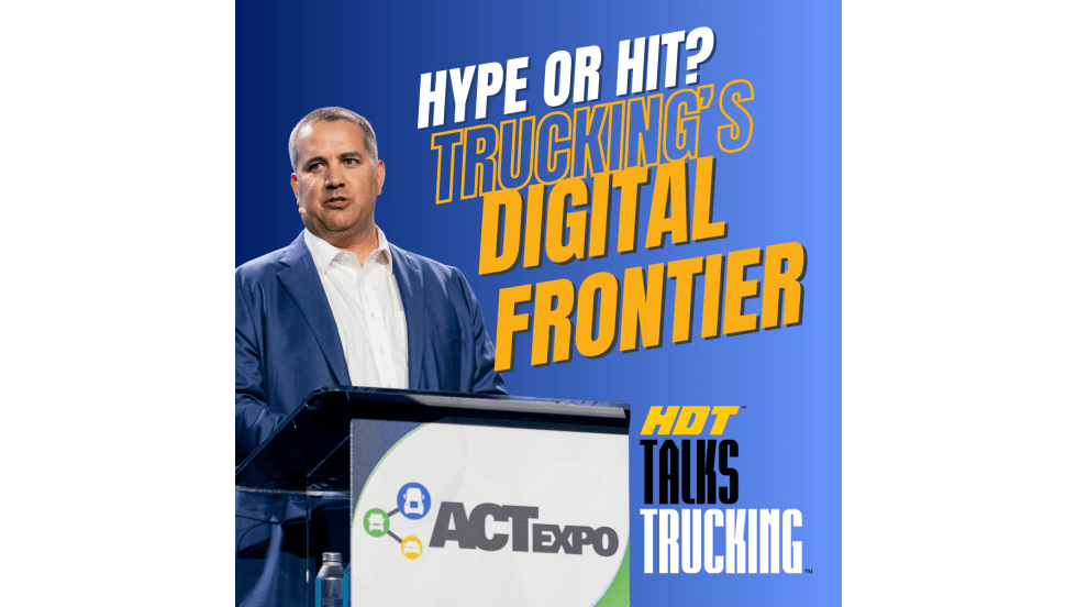 Illustration showing man at podium and "digital frontier: Hype or hit" text