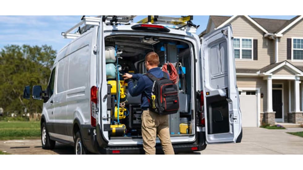 worker accessing the back of his work van