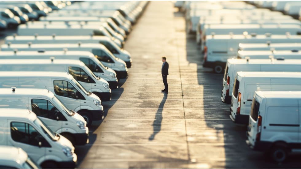 man standing in a lot of work vans