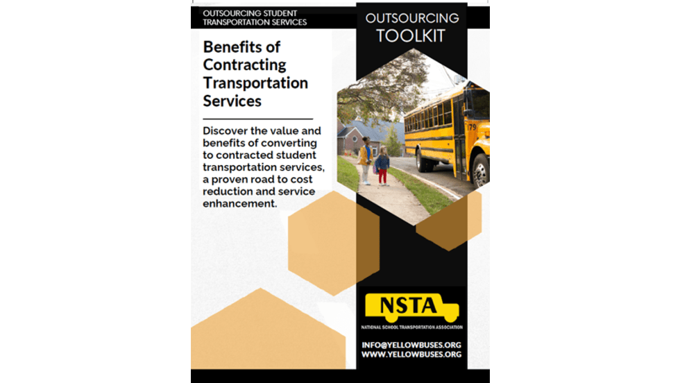Cover page of an NSTA (National School Transportation Association) whitepaper titled "Outsourcing Student Transportation Services Toolkit: Benefits of Contracting Transportation Services." The design features a blue and gold color scheme with a yellow school bus graphic at the top. The subtitle reads, "Discover the value and benefits of converting to contracted student transportation services, a proven road to cost reduction and service enhancement." Contact information for NSTA appears at the bottom, including the website YellowBuses.org and email address info@yellowbuses.org