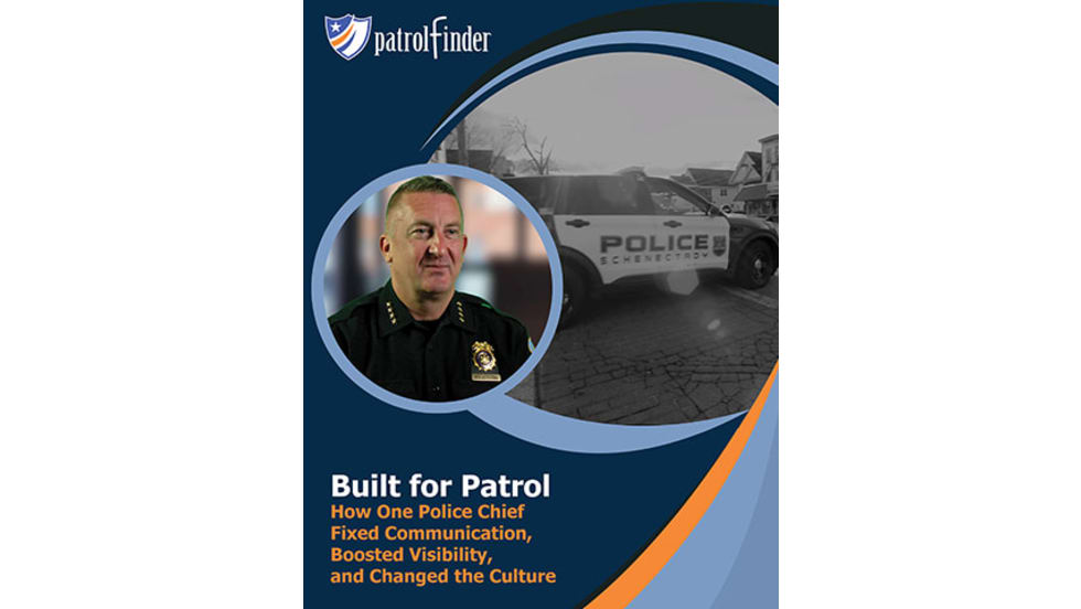 Promotional graphic for Patrolfinder featuring a police chief’s headshot inside a circular frame alongside a police SUV in the background. The headline reads: “Built for Patrol: How One Police Chief Fixed Communication, Boosted Visibility, and Changed the Culture.”