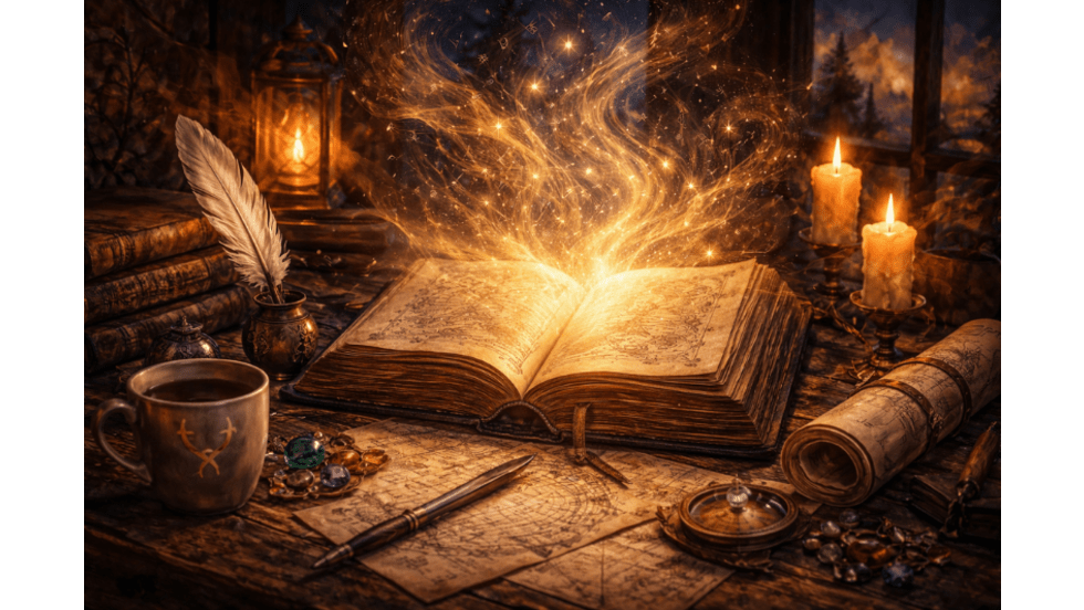 Open glowing book on a wooden table with candles, quill, and maps, with golden light and magical particles rising from its pages in a fantasy-style illustration.