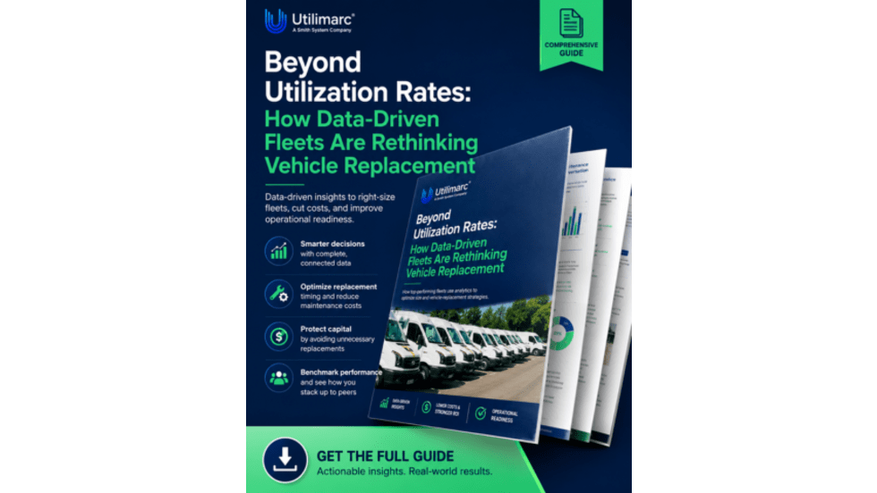 Promotional graphic for a Utilimarc guide titled Beyond Utilization Rates: How Data-Driven Fleets Are Rethinking Vehicle Replacement, featuring a report cover with fleet vehicles, key benefits, and a call-to-action to download the guide.