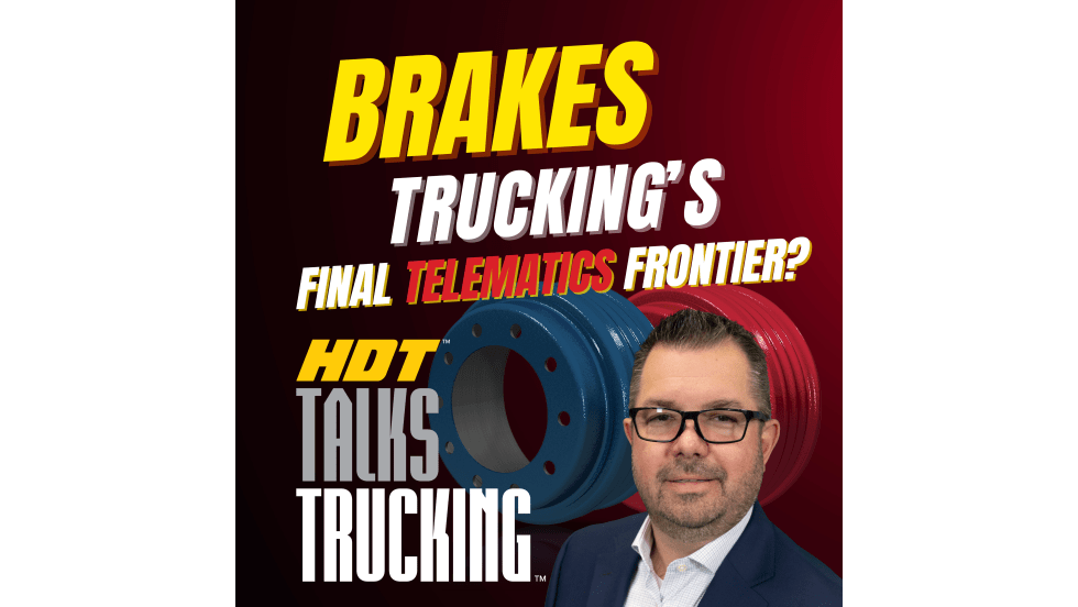 HDT Talks Trucking podcast cover art saying "Brakes: Trucking's Final Telematics Frontier?"