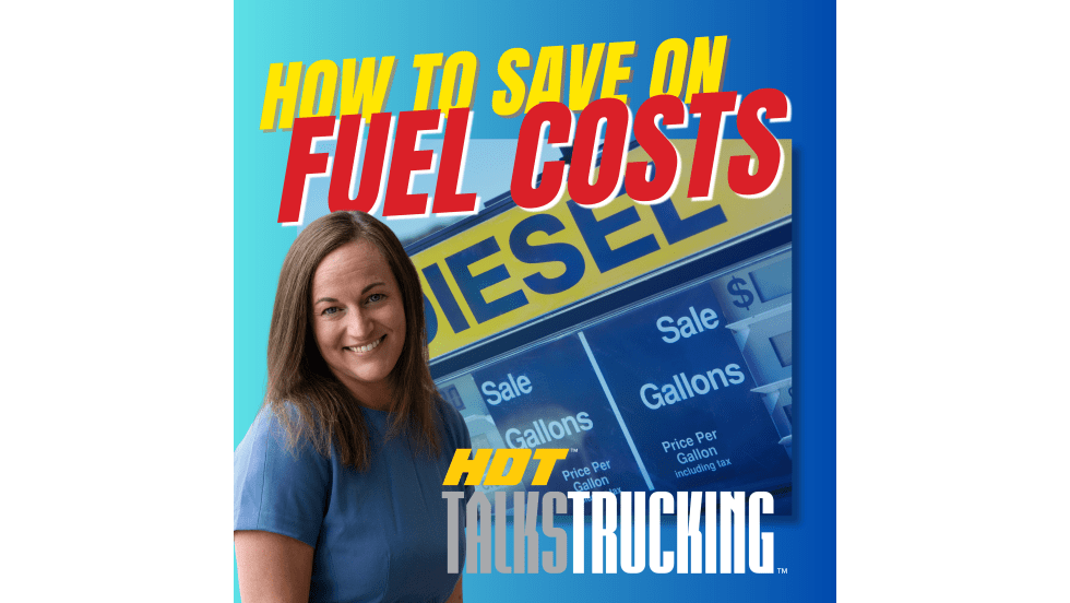 Podcast thumbnail saying "How to Save on Fuel Costs" with diesel pump in the background and photo of the woman guest