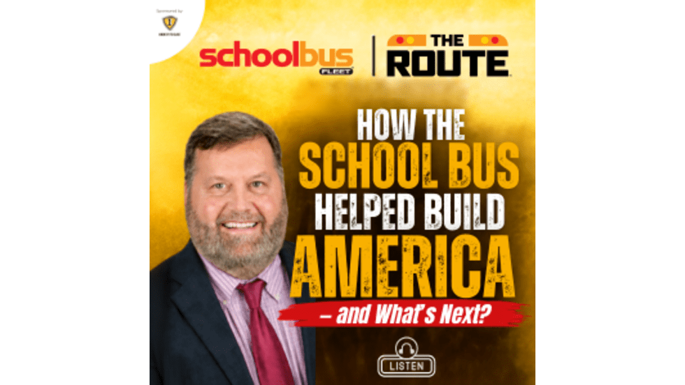 Promotional thumbnail for The Route podcast featuring School Bus Fleet Editor Amanda Huggett and NSTA Executive Director Curt Macysyn