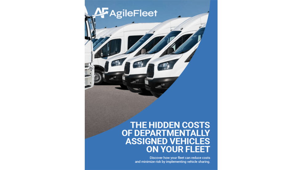 Cover of a whitepaper titled “The Hidden Costs of Departmentally Assigned Vehicles on Your Fleet” featuring a black fleet vehicle driving on a road at sunset. Subheadline reads: “Discover how your fleet can reduce costs and minimize risk by implementing vehicle sharing.” The document focuses on fleet optimization, vehicle sharing, cost reduction, utilization tracking, and risk management for fleet operations.
