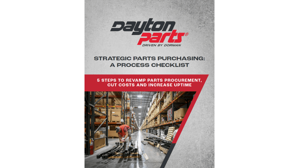 Cover of a Dayton Parts guide titled "Strategic Parts Purchasing: A Process Checklist." The cover highlights "5 Steps to Revamp Parts Procurement, Cut Costs and Increase Uptime" and features a warehouse aisle with shelving full of automotive parts, where a worker is organizing heavy-duty suspension components on a pallet.