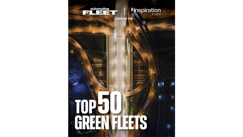Cover of the "Top 50 Green Fleets" report presented by Automotive Fleet and Inspiration Fleet, featuring an aerial nighttime photo of a lit highway interchange with looping ramps.