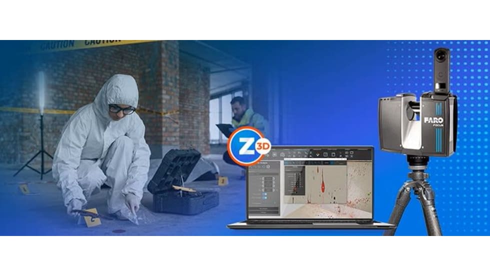 Forensic investigators documenting a crime scene using 3D scanning technology, with Z3D software displayed on a laptop and a FARO 3D scanner on a tripod.