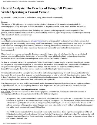 Hazard Analysis: The Practice of Using Cell Phones While Operating a Transit Vehicle