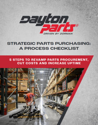 Cover of a Dayton Parts guide titled "Strategic Parts Purchasing: A Process Checklist." The cover highlights "5 Steps to Revamp Parts Procurement, Cut Costs and Increase Uptime" and features a warehouse aisle with shelving full of automotive parts, where a worker is organizing heavy-duty suspension components on a pallet.