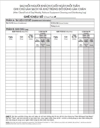 Pedicure Cleaning Log [in Vietnamese]