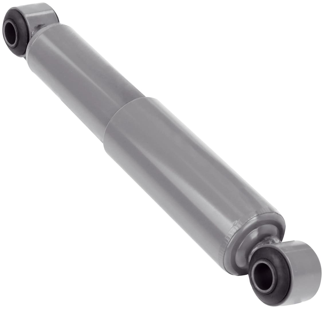 Gray automotive shock absorber with black rubber bushings at each end, presented diagonally against a white background.