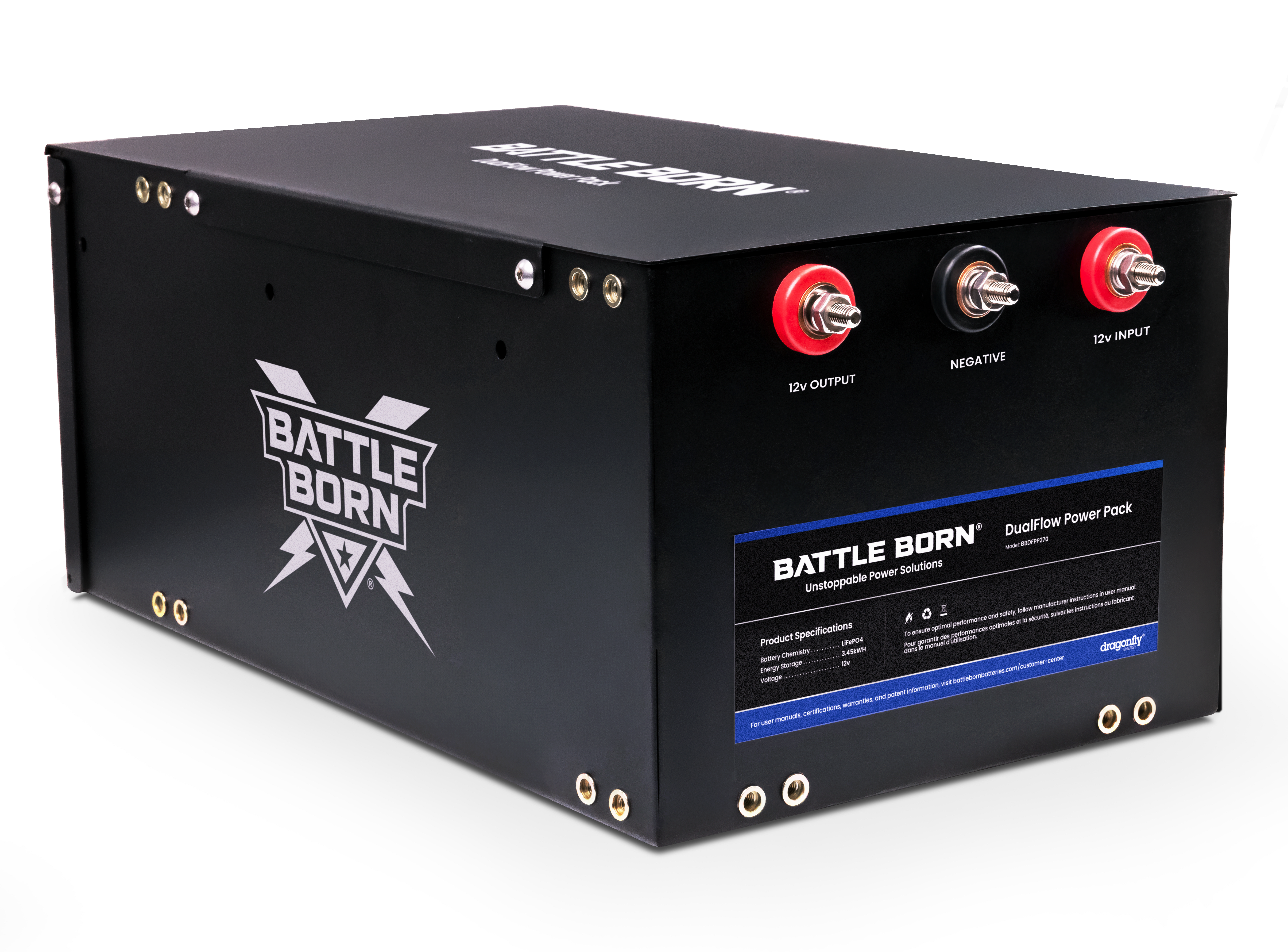 A Battle Born DualFlow Power Pack with a black metal casing featuring the Battle Born logo. The unit has labeled terminals for 12V output, negative, and 12V input, along with a product specification label on the front.