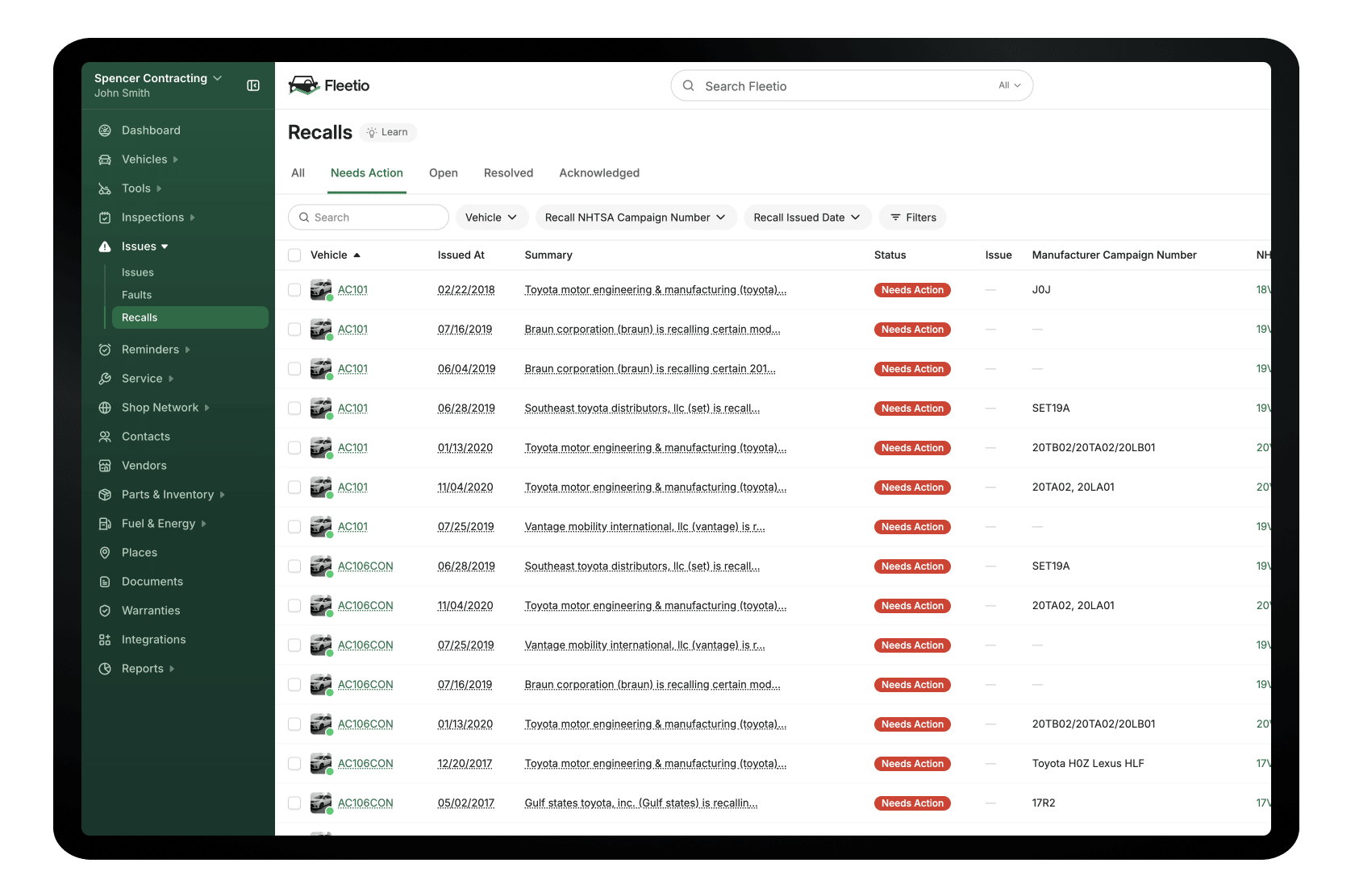 Fleetio desktop app view containing a list of vehicle recalls that require action. The list includes columns for vehicle, issue date, summary, status, issue, manufacturer campaign number, and NHTSA campaign number.