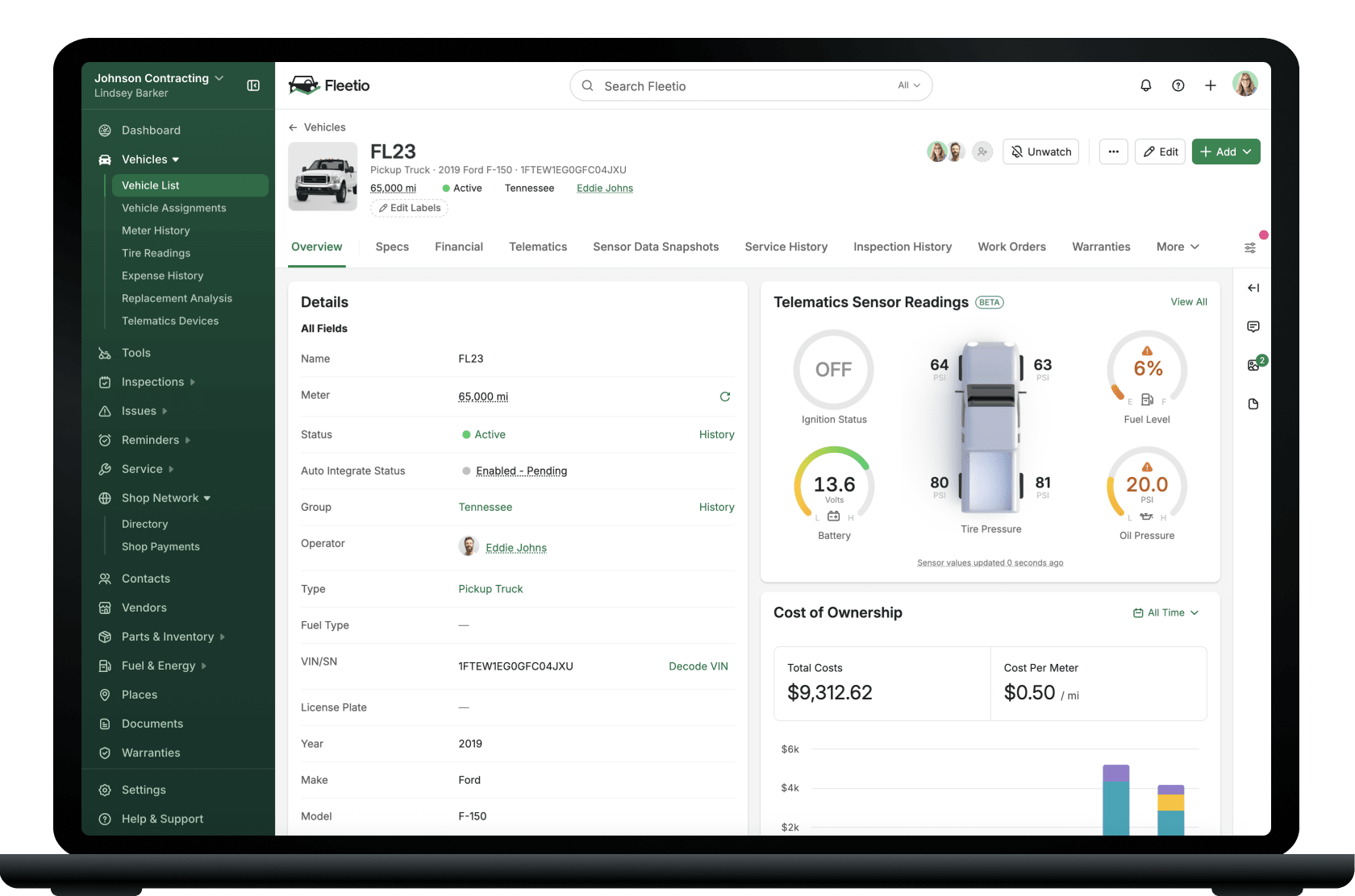 Fleetio app dashboard vehicle detail on a laptop screen, showing vehicle status, cost of ownership, and performance metrics in a clean modern interface.nalytics on a laptop screen, showing vehicle status, cost of ownership, and performance metrics in a clean modern interface.