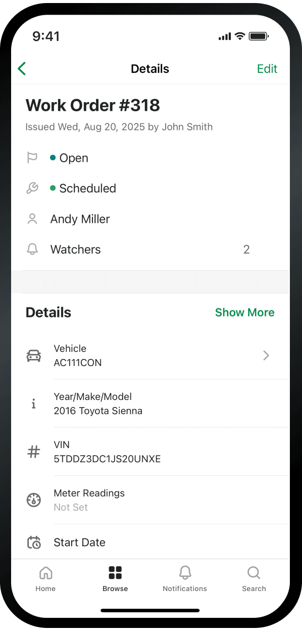 Fleetio Mobile app screen showing Work Order #318 details with open and scheduled status, assignee, vehicle, VIN, and navigation tabs on a clean white interface.
