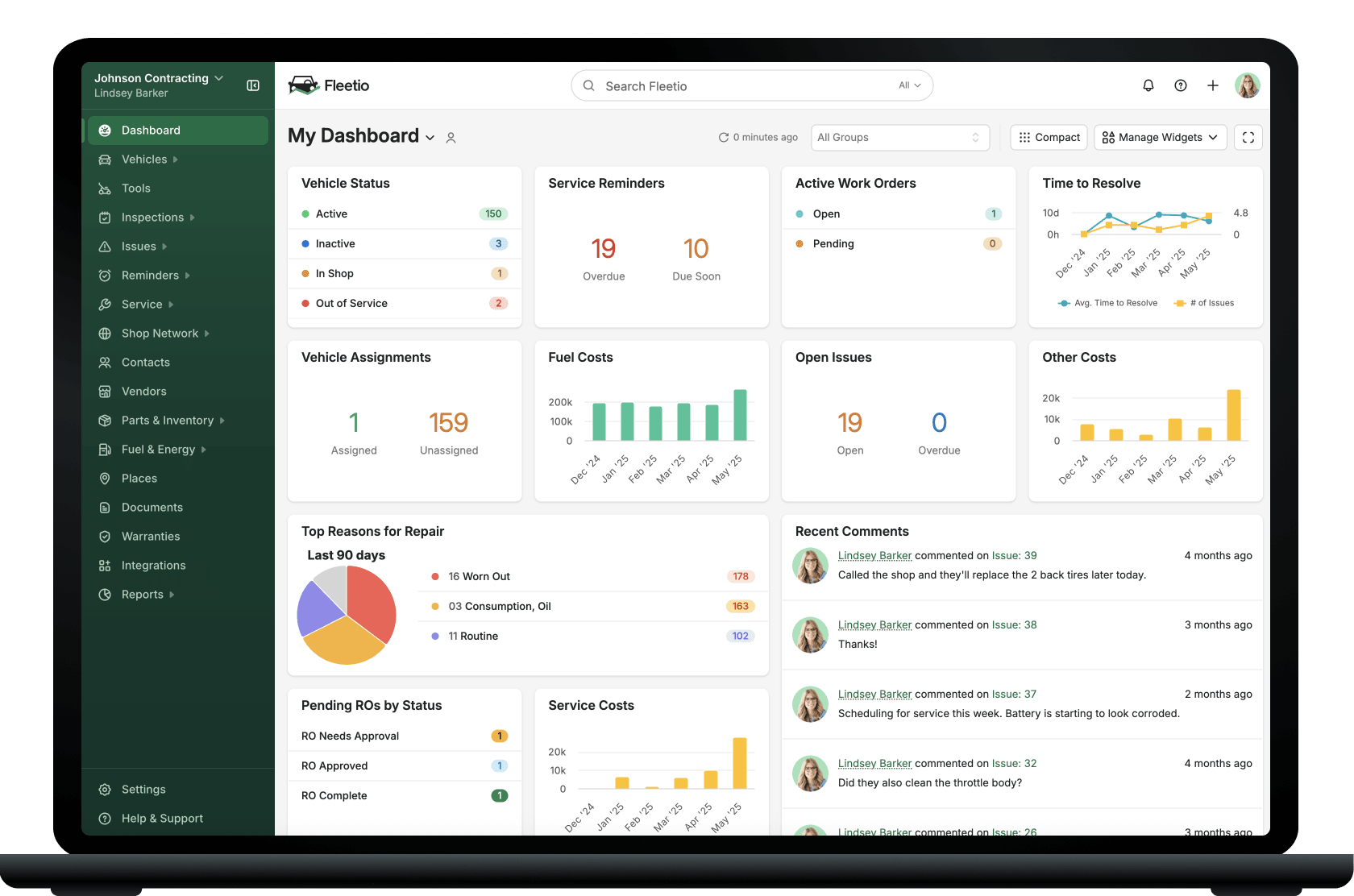 Fleetio Dashboard view with analytics on a laptop screen with charts, stats, task lists, and business metrics in a clean, green-accent UI.