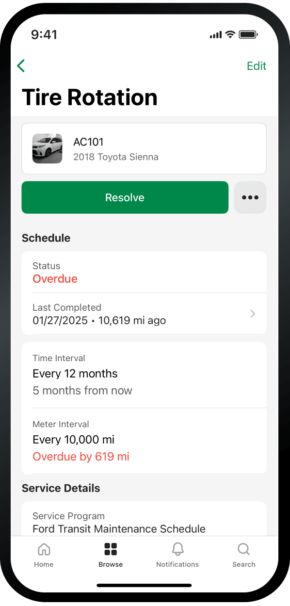 Fleetio mobile app screen displays "Tire Rotation" information for a 2018 Toyota Sienna named AC101. The service is overdue by both time and mileage. It shows the last completed service date and mileage interval, along with details about the service program.