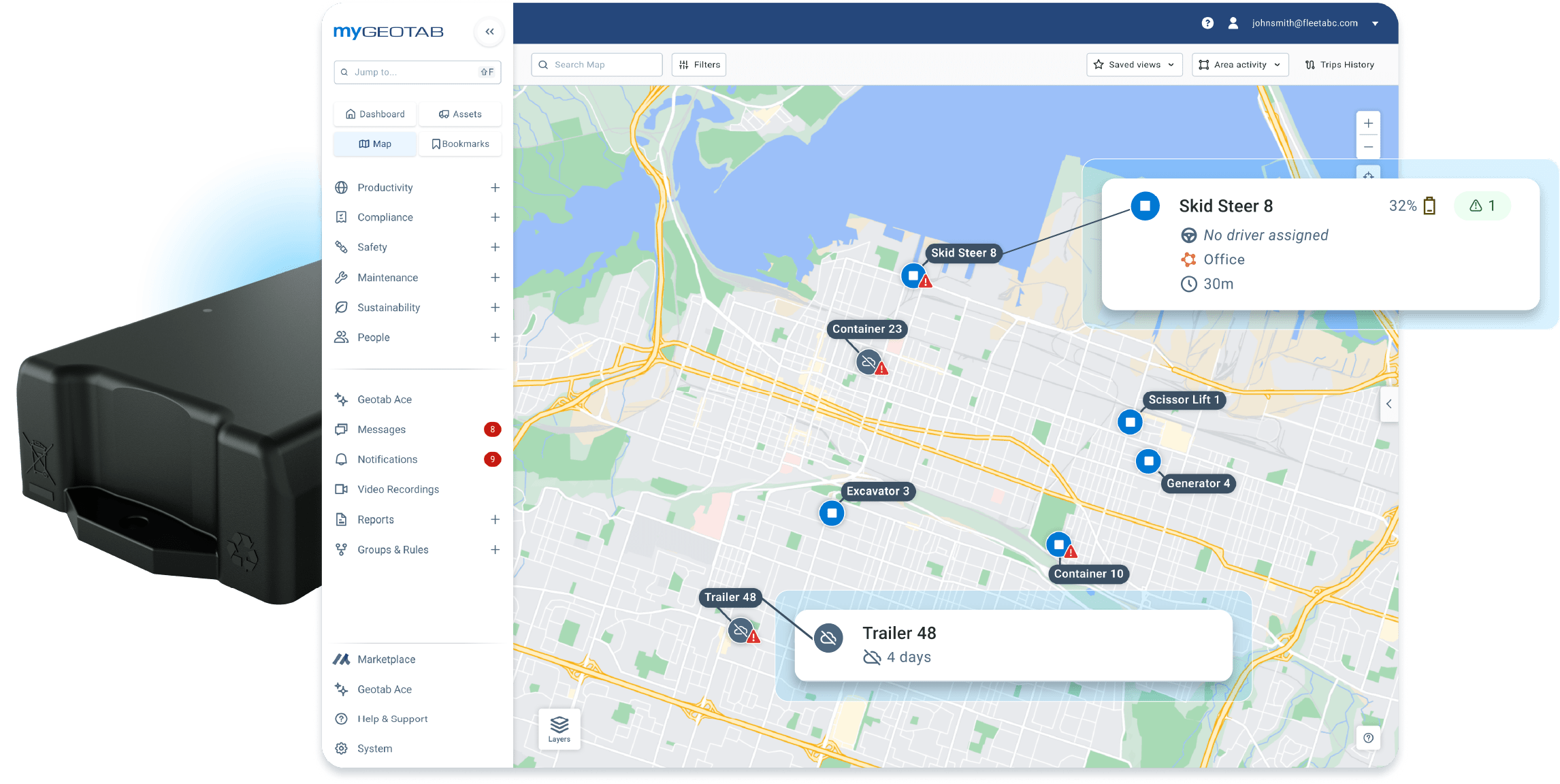 My Geotab asset management software dashboard with map showing assets like "excavator", "container" and "scissor lift" in various locations. Black tracking device in the background.