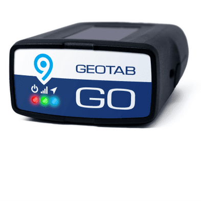 A black Geotab GO device with a white and blue label displaying a location pin logo, "GEOTAB", and "GO", with power, signal strength, and GPS indicator lights.