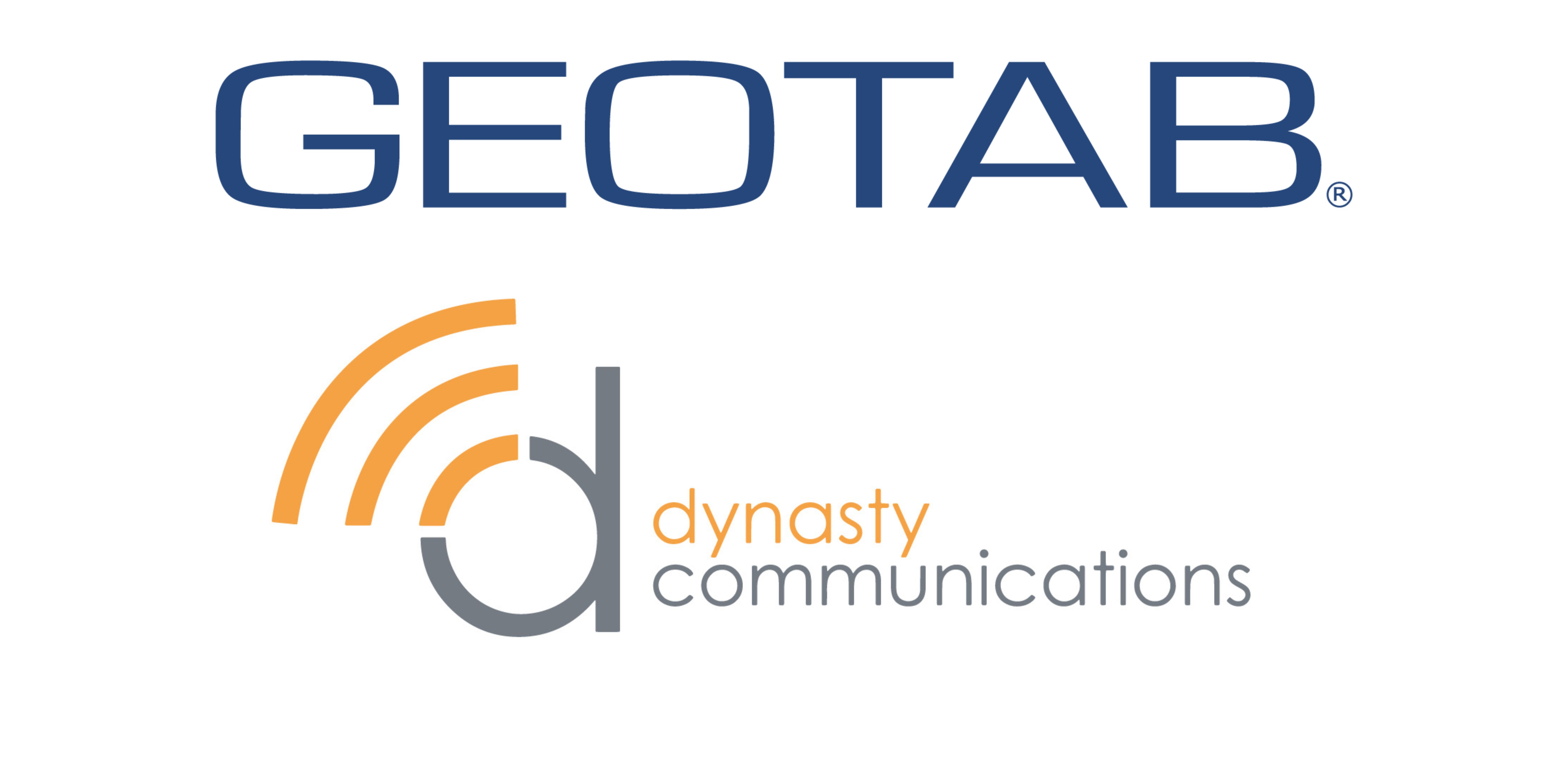 The GEOTAB logo, a blue wordmark with a registered trademark symbol, is displayed above the Dynasty Communications logo, featuring a stylized grey letter "d" intertwined with orange arcs resembling broadcast waves.