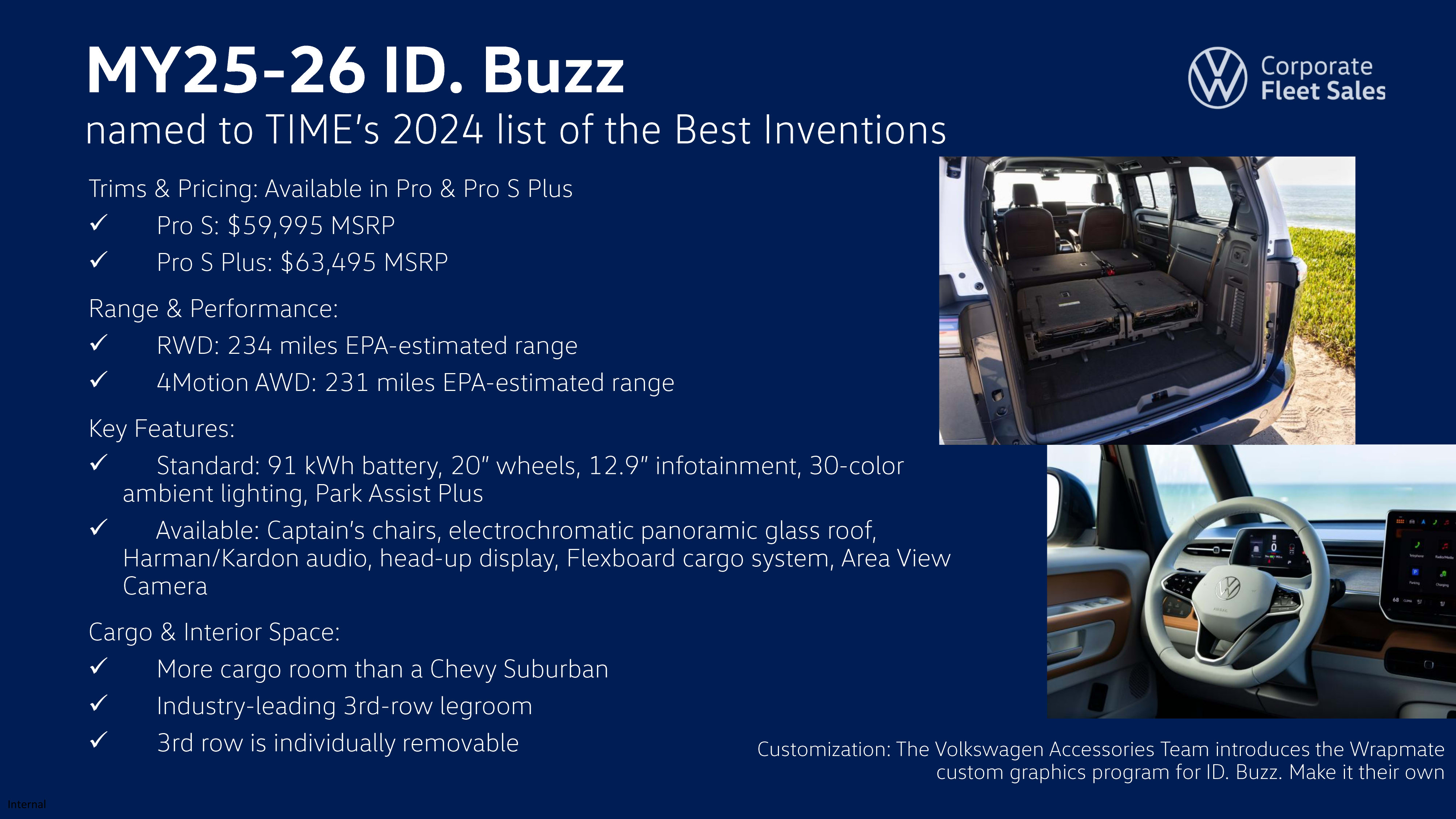 Specification page displaying trim levels and features for the Volkswagen ID. Buzz. The page is divided into two main sections: "Pro S" and "Pro S Plus" trims. Both are shown as rear-wheel drive with dual power sliding doors and advanced safety features. Key highlights include seating for 7, a panoramic glass roof (on Plus trim), and up to 137.7 cu. ft. of cargo space. Two images are shown: one of the interior from the rear with seats folded, and one of the back of the vehicle with the tailgate open, showing cargo storage.