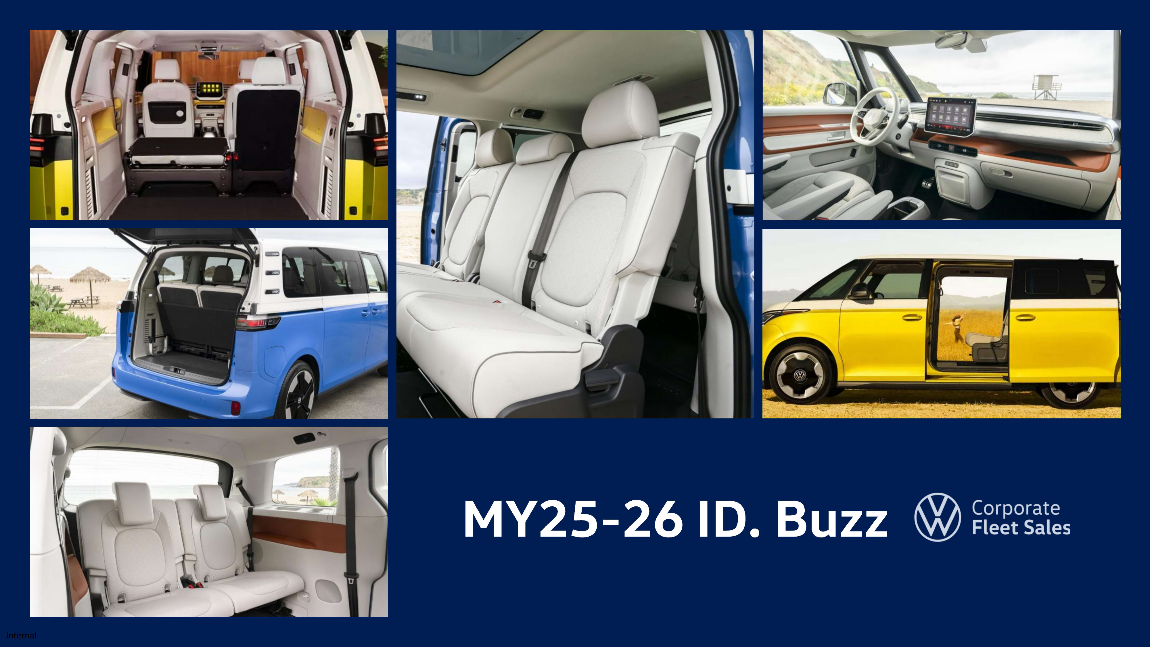 A collage of high-quality lifestyle and product images showcasing the Volkswagen ID. Buzz. Photos include the vehicle’s modern digital dashboard with ambient lighting, a rear cargo view with seats folded flat, the flexible third-row seat with a fold-out tray, a side profile of the ID. Buzz in bright yellow parked by the coast, and interior cabin lighting details. The overall layout emphasizes comfort, spaciousness, and the vehicle's family- and fleet-friendly utility.