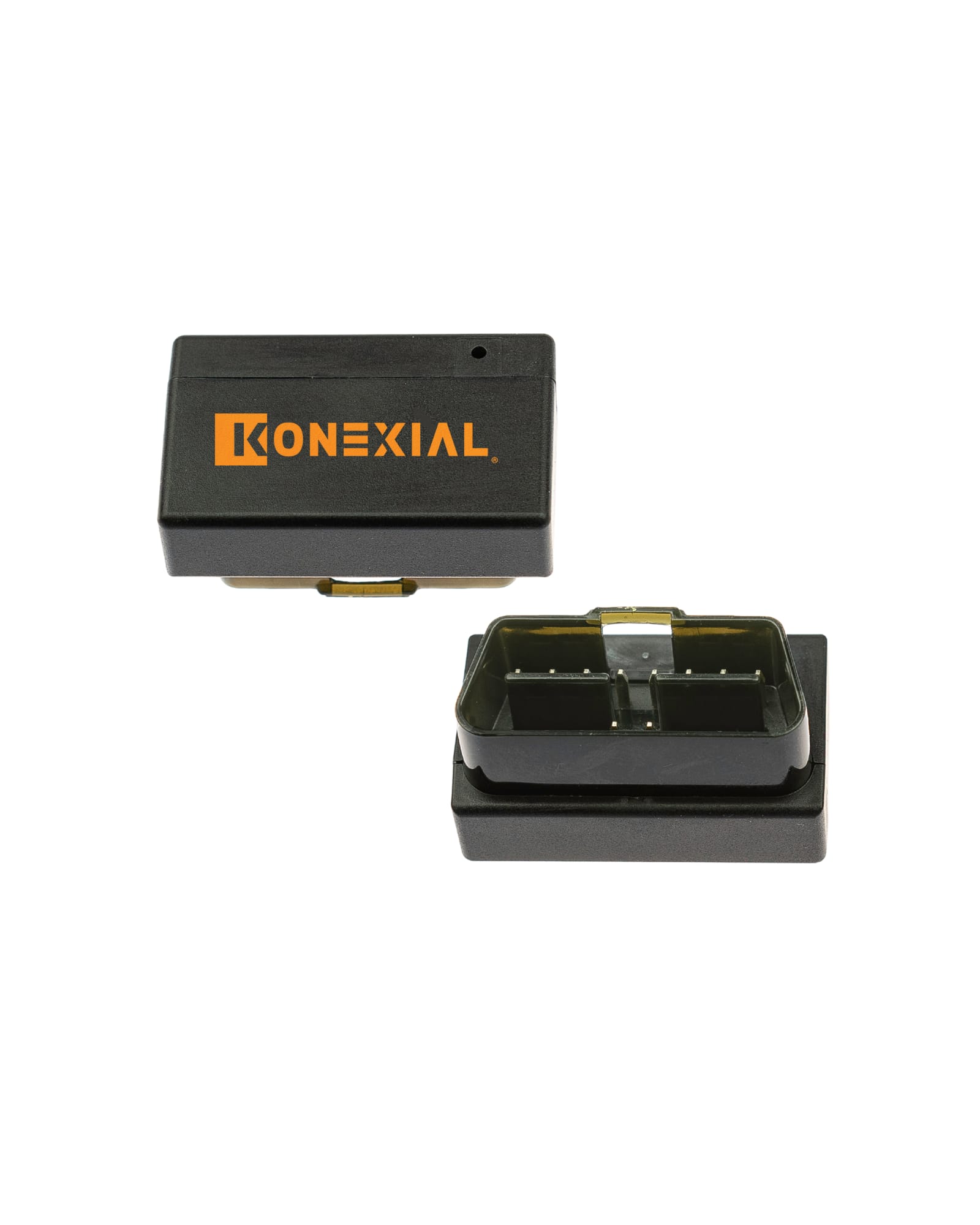 Two images of Konexial Cellular ELD Hardware on white background. The topside of hardware is hlack with orange Konexial logo. The bottom side of hardware shows the plug for truck installation.