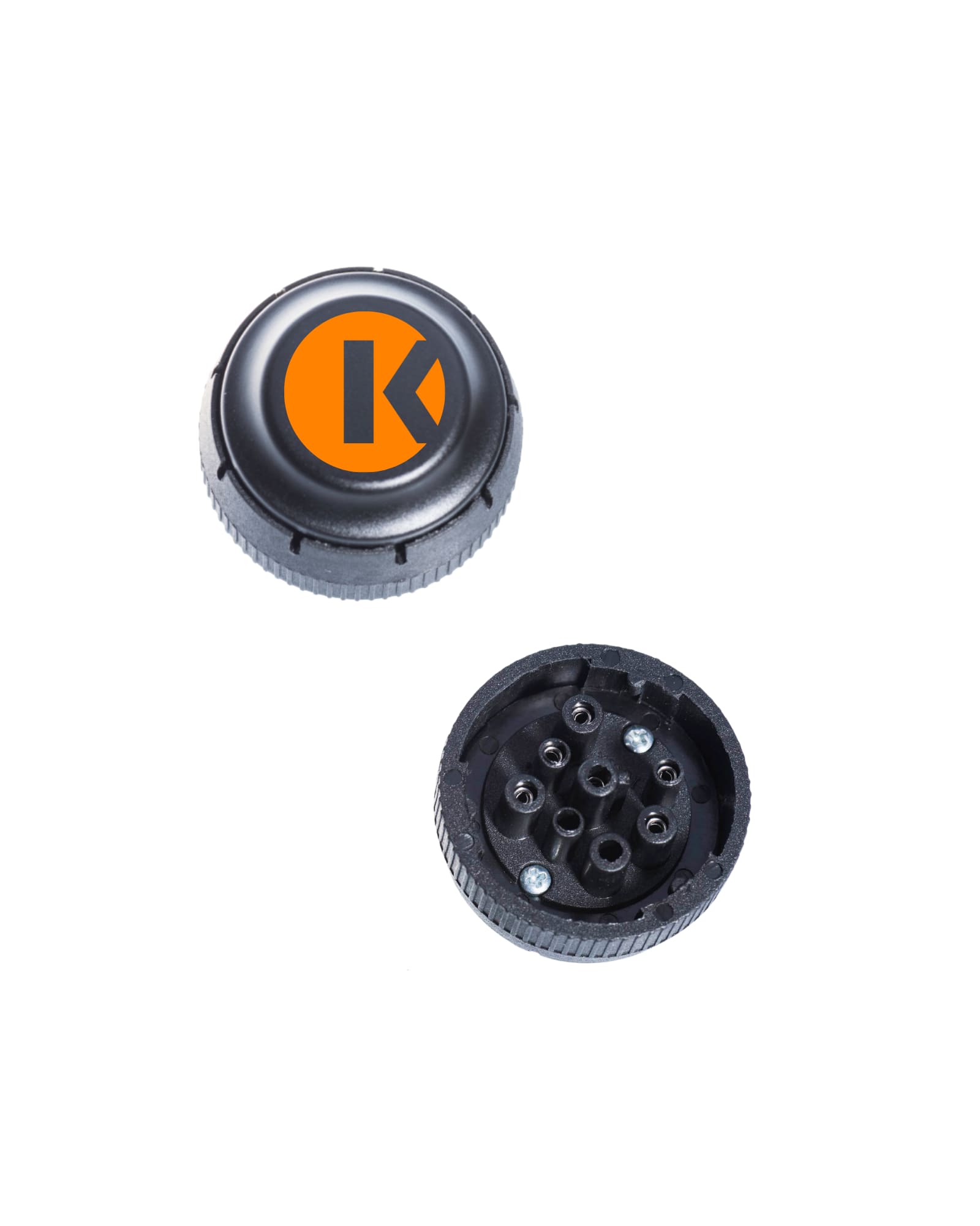 Two images of the circle-shaped Konexial My20 ELD Hardware on white background. The topside image features the truncated Konexial icon in orange and white. The bottom side image shows the 8 prong plug that mounts to diagnostic port.
