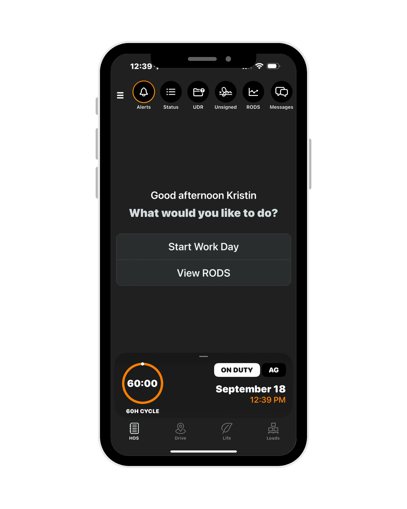 Dark-mode mobile dashboard showing 'Good afternoon Kristin' with Start Work Day and View RODS buttons, on-duty timer, status icons and date (Sept 18).
